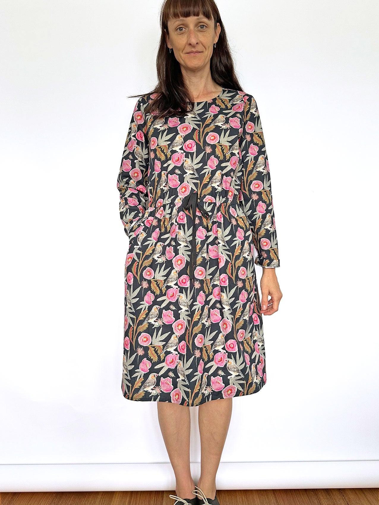 Long Sleeve Dress - Zebra Finch Black - Made to order
