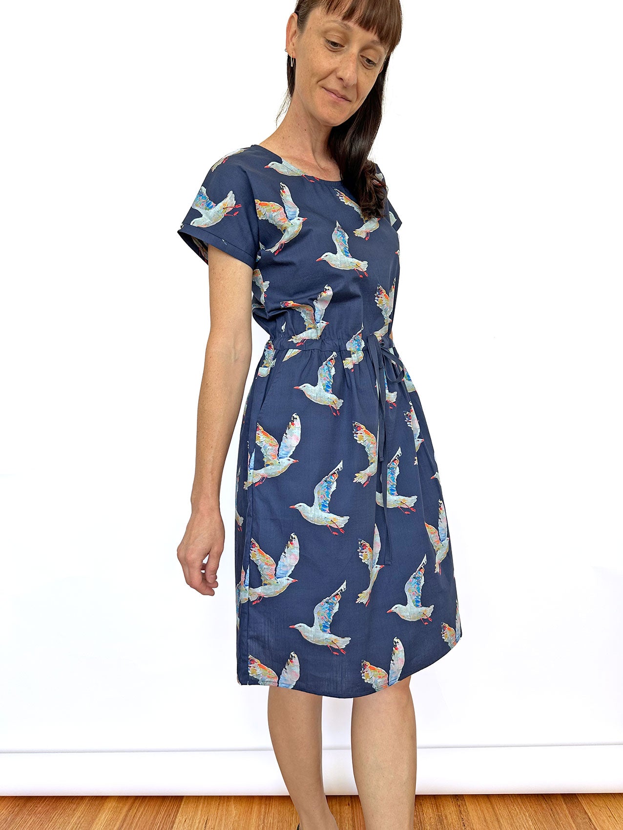 Drawstring Kimono Sleeve Dress - Seagull