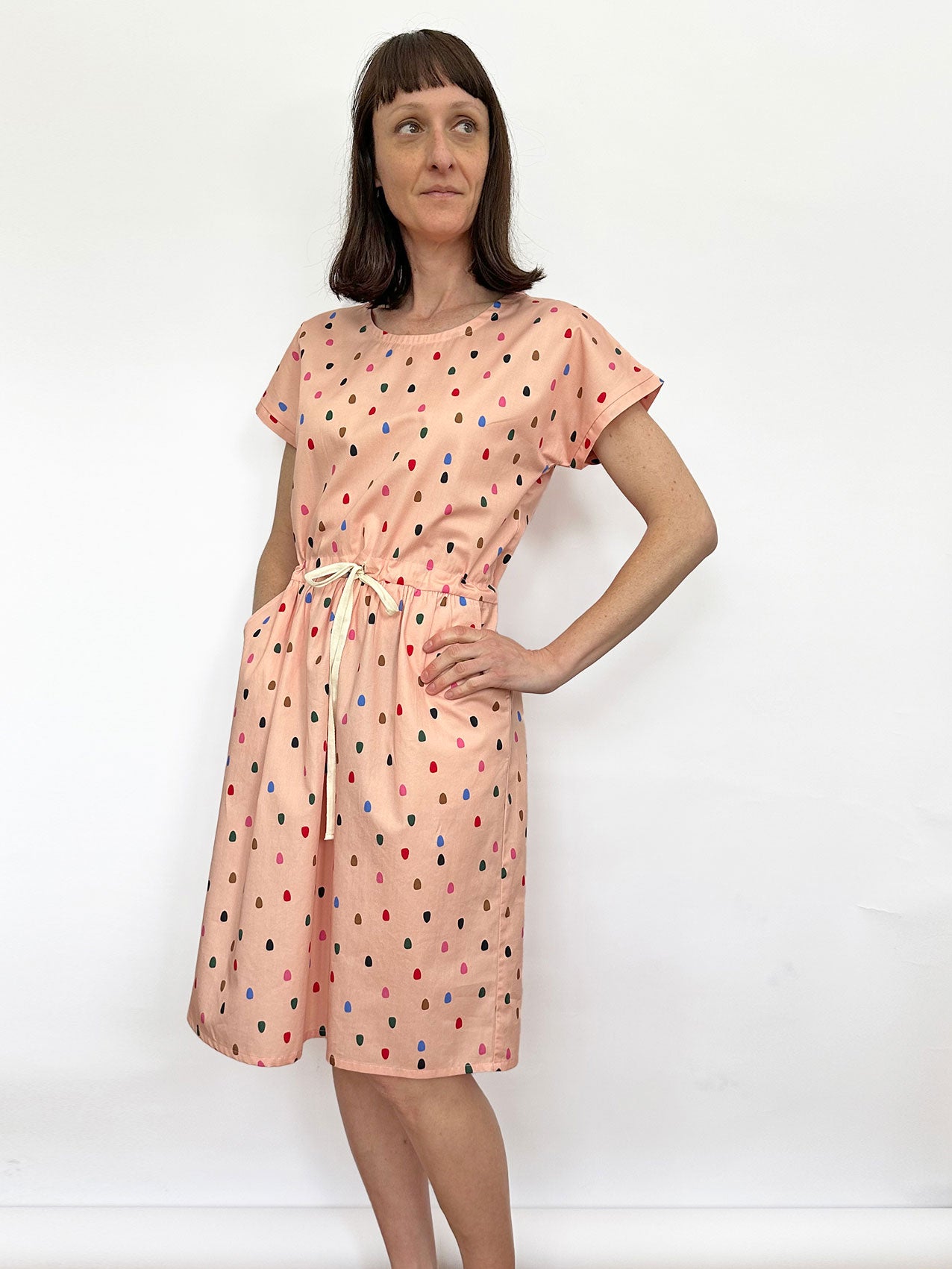 Drawstring Kimono Sleeve Dress - Peach Spots